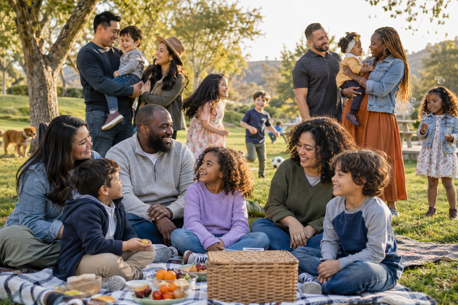 Multicultural families with women, men, girls and boys outdoors